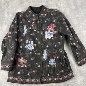 Denim & Co Womens Large Jacket Embroidered Black Denim Full Button Pockets